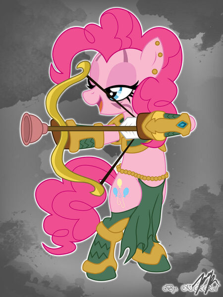 Size: 900x1200 | Tagged: safe, artist:kirrol, derpibooru import, pinkie pie, earth pony, pony, archer, bipedal, bow (weapon), clothes, ear piercing, image, jpeg, lidded eyes, loincloth, piercing, plunger, solo, warcraft, world of warcraft