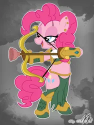 Size: 900x1200 | Tagged: safe, artist:kirrol, derpibooru import, pinkie pie, earth pony, pony, archer, bipedal, bow (weapon), clothes, ear piercing, image, jpeg, lidded eyes, loincloth, piercing, plunger, solo, warcraft, world of warcraft