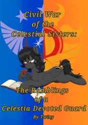 Size: 2480x3508 | Tagged: safe, artist:dust, artist:wojtek-ツ, derpibooru import, oc, oc:eclipse, unofficial characters only, pegasus, pony, fanfic, book, caption, diary, digital art, emblem, fanfic art, fanfic cover, female, image, image macro, journal, mare, new lunar republic, png, quill, simple background, solar empire, solo, stick pony, text, torn page, wing hands, wing hold, wing writing, wings, writing