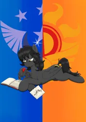 Size: 2480x3508 | Tagged: safe, artist:dust, artist:wojtek-ツ, derpibooru import, oc, oc:eclipse, unofficial characters only, pegasus, pony, fanfic, book, caption, diary, digital art, emblem, fanfic art, fanfic cover, female, image, image macro, journal, mare, new lunar republic, png, quill, simple background, solar empire, solo, stick pony, text, textless version, torn page, wing hands, wing hold, wing writing, wings, writing