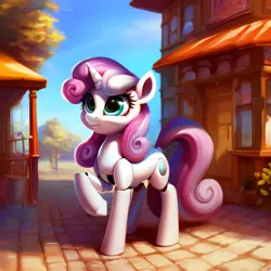Size: 3072x3072 | Tagged: safe, derpibooru import, machine learning generated, stable diffusion, sweetie belle, pony, robot, robot pony, unicorn, ai content, female, full body, generator:purplesmart.ai, image, pavement, png, raised hoof, solo, sweetie bot