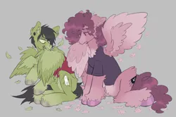 Size: 3080x2050 | Tagged: safe, artist:mxmx fw, derpibooru import, ponified, pegasus, pony, bedroom eyes, biting, chest fluff, clothes, curly hair, duo, duo male, ear fluff, ear piercing, feather, featureless crotch, fluffy, fluffy wings, frank iero, grooming, hair over one eye, hoof fluff, image, jpeg, male, messy mane, my chemical romance, nose piercing, piercing, preening, ray toro, sitting, size difference, spread wings, stallion, unshorn fetlocks, wings