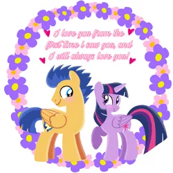 Size: 1400x1400 | Tagged: safe, artist:mlplary6, derpibooru import, flash sentry, twilight sparkle, twilight sparkle (alicorn), alicorn, pegasus, pony, blushing, female, flashlight, flower, heart, image, looking at each other, looking at someone, love, male, mare, png, romantic, shipping, simple background, smiling, smiling at each other, stallion, straight, text, white background