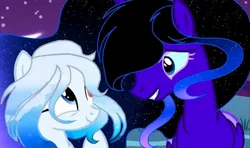 Size: 684x404 | Tagged: artist needed, safe, derpibooru import, oc, oc:altersmay earth, ponified, unofficial characters only, alicorn, pegasus, pony, duo, duo female, female, grin, heterochromia, image, jpeg, looking at each other, looking at someone, mare, meadow, missing accessory, moon, night, no glasses, older altersmay earth, planet ponies, smiling, stars