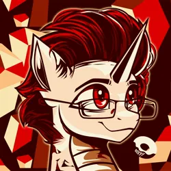 Size: 3600x3600 | Tagged: safe, artist:poxy_boxy, derpibooru import, oc, unofficial characters only, pony, unicorn, abstract background, bust, commission, glasses, image, jpeg, limited palette, smiling, solo