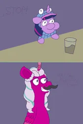 Size: 2433x3614 | Tagged: safe, artist:mintwhistle, derpibooru import, twilight sparkle, alicorn, fish, pony, unicorn, g5, 2 panel comic, animal costume, antagonist, atg 2023, chocolate, chocolate milk, clothes, colored, comic, costume, dialogue, disguise, duo, duo female, evil grin, fake moustache, female, filly, filly twilight sparkle, fish costume, flat colors, folded wings, food, g4, glass, grin, image, mare, medibang paint, milk, newbie artist training grounds, opaline arcana, paper-thin disguise, parody, png, pure unfiltered evil, smiling, table, text, this will end in "how dare you!", this will not end well, twiggie, unicorn twilight, villainess, wings, younger