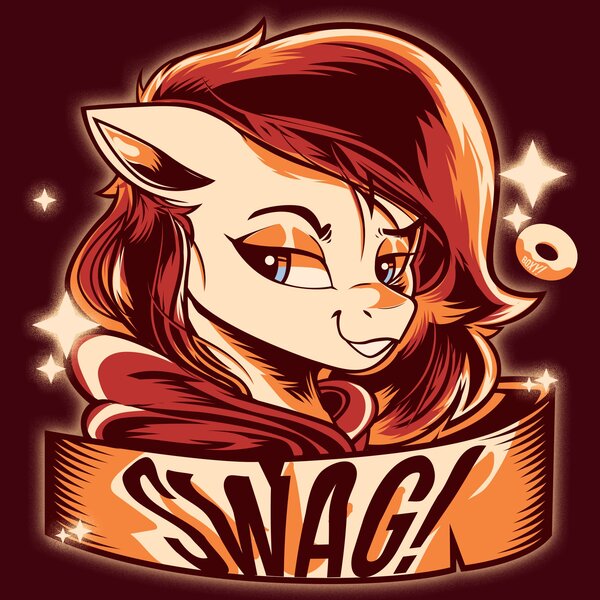 Size: 2000x2000 | Tagged: safe, artist:poxy_boxy, derpibooru import, oc, oc:fox, pegasus, pony, brown background, bust, clothes, commission, female, floppy ears, grin, hoodie, image, jpeg, lidded eyes, limited palette, mare, signature, simple background, smiling, solo, swag