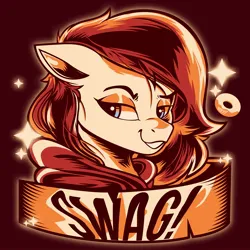 Size: 2000x2000 | Tagged: safe, artist:poxy_boxy, derpibooru import, oc, oc:fox, pegasus, pony, brown background, bust, clothes, commission, female, floppy ears, grin, hoodie, image, jpeg, lidded eyes, limited palette, mare, signature, simple background, smiling, solo, swag