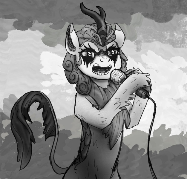 Size: 1200x1151 | Tagged: safe, artist:necromarecy, derpibooru import, autumn blaze, kirin, bipedal, black metal, corpse paint, death metal, face paint, grayscale, image, microphone, monochrome, png, singing, solo