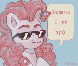 Size: 2460x2100 | Tagged: safe, artist:krista-21, derpibooru import, pinkie pie, earth pony, pony, :3, blue background, bust, dialogue, female, image, jpeg, mare, signature, simple background, solo, speech bubble, sunglasses, talking to viewer