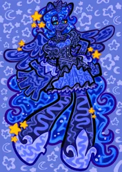 Size: 1448x2048 | Tagged: safe, artist:sprimks, derpibooru import, princess luna, alicorn, anthro, blouse, blushing, clothes, corset, detailed, female, image, jpeg, looking at you, moon, psychedelic, skirt, socks, solo, stars, stockings, thigh highs