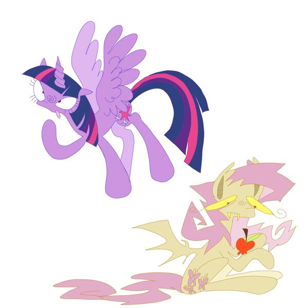 Size: 2048x2048 | Tagged: safe, artist:sprimks, derpibooru import, fluttershy, twilight sparkle, twilight sparkle (alicorn), alicorn, bat pony, pony, :o, apple, bat ponified, duo, fangs, female, flutterbat, food, gasp, image, jpeg, looking at something, looking down, looking up, mare, open mouth, race swap, raised hoof, sad, simple background, sitting, white background