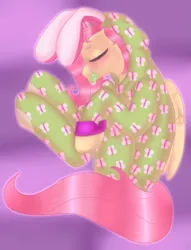 Size: 3059x4000 | Tagged: safe, artist:ponykittenboi, derpibooru import, fluttershy, butterfly, insect, pegasus, pony, adult foal, age regression, bunny ears, clothes, curled up, cute, derpibooru exclusive, eyes closed, footie pajamas, image, pacifier, pajamas, png, simple background, sleeping, soft, soft color, solo, younger