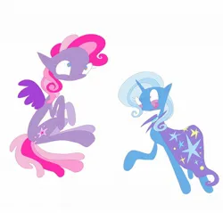 Size: 2048x1956 | Tagged: safe, artist:sprimks, derpibooru import, starsong, trixie, pegasus, pony, unicorn, g3, :o, cape, clothes, duo, female, g4, generational ponidox, image, jpeg, looking up, mare, missing accessory, nefarious, open mouth, raised hoof, simple background, sitting, smiling, trixie's cape, white background