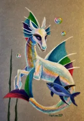 Size: 2380x3430 | Tagged: safe, artist:cahandariella, derpibooru import, princess celestia, princess luna, alicorn, fish, siren, bubble, colored pencil drawing, duo, duo female, female, fish tail, high res, image, jpeg, newbie artist training grounds, species swap, tail, traditional art, tuna