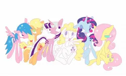 Size: 2048x1228 | Tagged: safe, artist:sprimks, derpibooru import, applejack (g1), firefly, posey, sparkler (g1), surprise, twilight sparkle, earth pony, pegasus, pony, unicorn, g1, female, freckles, g1 six, group, image, jpeg, looking down, looking sideways, looking up, mare, simple background, sparkles, stars, what could have been, white background