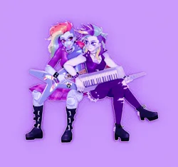 Size: 1558x1458 | Tagged: safe, artist:queenhoneybeex, derpibooru import, rainbow dash, rarity, equestria girls, alternate hairstyle, duo, electric guitar, female, guitar, image, keytar, lesbian, looking at each other, looking at someone, musical instrument, png, punk, purple background, rainbow punk, raridash, raripunk, shipping, signature, simple background, sitting, smiling