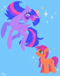 Size: 1620x2048 | Tagged: safe, artist:petaltwinkle, derpibooru import, sunny starscout, twilight sparkle, twilight sparkle (alicorn), alicorn, earth pony, pony, g5, blue background, duo, female, image, jpeg, looking at each other, looking at someone, mare, signature, simple background, sparkles, sunny and her heroine