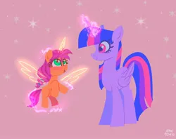 Size: 2048x1620 | Tagged: safe, artist:petaltwinkle, derpibooru import, sunny starscout, twilight sparkle, twilight sparkle (alicorn), alicorn, earth pony, pony, g5, my little pony: a new generation, duo, female, glow, glowing horn, height difference, horn, image, jpeg, levitation, magic, mare, race swap, red background, signature, simple background, stars, sunny and her heroine, sunnycorn, telekinesis