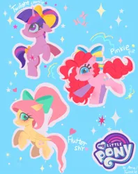 Size: 810x1024 | Tagged: safe, artist:petaltwinkle, derpibooru import, fluttershy, pinkie pie, twilight sparkle, earth pony, pegasus, pony, unicorn, alternate hairstyle, bow, cute, diapinkes, female, filly, filly fluttershy, filly pinkie pie, filly twilight sparkle, floppy ears, hair bow, hair bun, image, jpeg, looking at you, my little pony logo, outline, ponytail, shyabetes, smiling, smiling at you, sparkles, starry eyes, tail, tail bow, trio, twiabetes, unicorn twilight, white outline, wingding eyes, younger