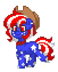 Size: 204x252 | Tagged: safe, derpibooru import, oc, oc:amareica, ponified, unofficial characters only, earth pony, pony, pony town, animated, bandana, blue coat, cowboy hat, ear piercing, earring, female, freckles, gif, hat, image, jewelry, mare, nation ponies, piercing, short hair, solo, trotting, trotting in place, united states