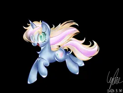 Size: 2732x2049 | Tagged: safe, artist:lydia, derpibooru import, oc, oc:windy／painting heart, unofficial characters only, pony, unicorn, black background, cute, happy, heart, image, laughing, looking at you, open mouth, pencil, png, running, simple background, smiling, solo