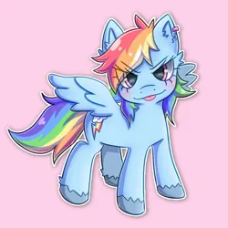 Size: 1280x1280 | Tagged: safe, artist:adylenchan, derpibooru import, rainbow dash, pegasus, pony, eye clipping through hair, female, image, jpeg, looking at you, mare, outline, pink background, simple background, solo, spread wings, tongue out, white outline, wings