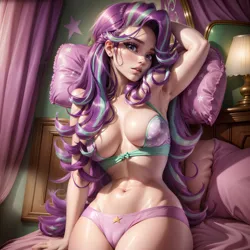 Size: 2048x2048 | Tagged: suggestive, derpibooru import, editor:neondash, machine learning assisted, machine learning generated, starlight glimmer, human, ai content, bed, clothes, generator:seaart.ai, humanized, image, lingerie, png, prompter:neondash