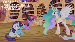 Size: 1920x1080 | Tagged: safe, derpibooru import, edit, edited screencap, editor:quoterific, screencap, applejack, fluttershy, pinkie pie, princess celestia, rainbow dash, rarity, twilight sparkle, lesson zero, image, mane six, png