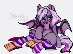 Size: 1600x1200 | Tagged: source needed, suggestive, artist:slynecallisto, derpibooru import, oc, oc:ravine enigma, unofficial characters only, bat pony, pony, blushing, book, clothes, female, glasses, image, jpeg, panties, simple background, smiling, socks, solo, solo female, striped socks, underwear