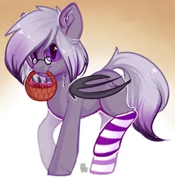 Size: 4074x4123 | Tagged: artist needed, safe, derpibooru import, oc, oc:ravine enigma, unofficial characters only, bat pony, pony, basket, clothes, female, glasses, gradient background, image, png, socks, solo, striped socks