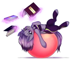 Size: 3776x2940 | Tagged: safe, artist:yuozka, derpibooru import, oc, oc:ravine enigma, unofficial characters only, bat pony, pony, book, clothes, exercise ball, glasses, image, magic, pants, png, solo, spandex, yoga, yoga pants