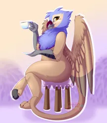 Size: 2600x3000 | Tagged: safe, artist:pinktabico, derpibooru import, oc, oc:nyna kyo, unofficial characters only, gryphon, crossed legs, food, image, jpeg, sitting, tea, the ass was fat, thick, thighs, thunder thighs, wings