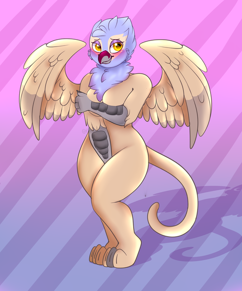 Size: 1250x1500 | Tagged: artist needed, source needed, suggestive, derpibooru import, oc, oc:nyna kyo, unofficial characters only, anthro, gryphon, covering, covering breasts, covering crotch, female, image, paws, png, solo, solo female, wings
