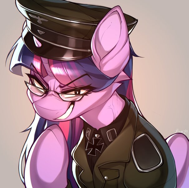 Size: 2048x2028 | Tagged: safe, artist:minekoo2, derpibooru import, twilight sparkle, twilight sparkle (alicorn), alicorn, pony, clothes, female, glasses, grin, hat, image, iron cross, jpeg, looking at you, mare, military uniform, peaked cap, smiling, solo, uniform, vein, vein bulge