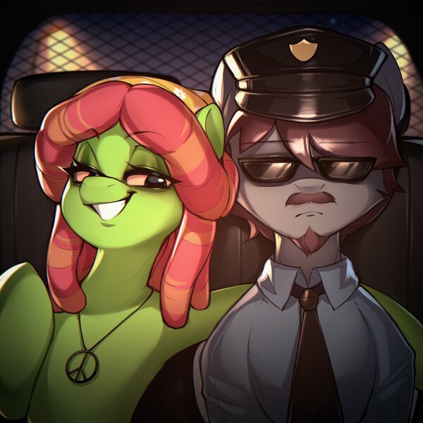 Size: 2048x2048 | Tagged: safe, artist:minekoo2, derpibooru import, tree hugger, earth pony, pony, clothes, duo, female, image, jewelry, jpeg, male, mare, necklace, poker face, police officer, police uniform, smiling, stallion