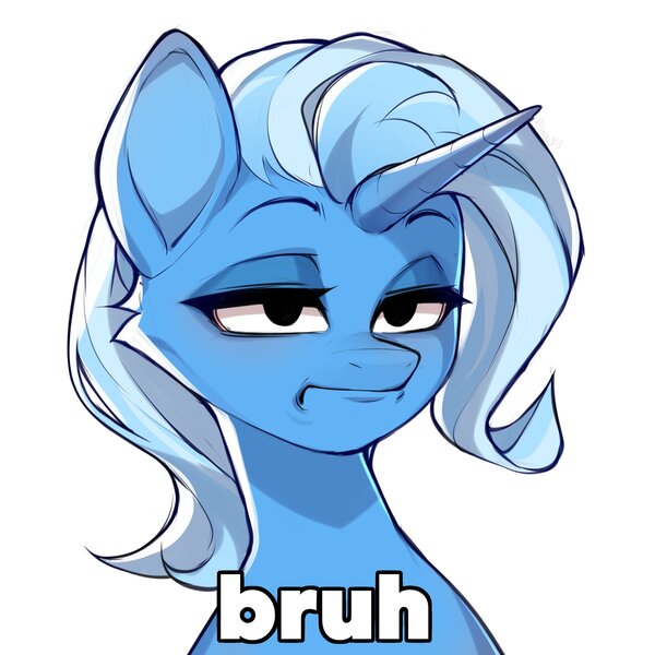 Size: 2048x2048 | Tagged: safe, artist:minekoo2, derpibooru import, trixie, pony, unicorn, bruh, bust, female, image, jpeg, mare, reaction image, simple background, solo, text, unamused