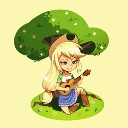 Size: 2480x2480 | Tagged: safe, derpibooru import, applejack, human, equestria girls, blonde, blonde hair, clothes, flower, grass, green eyes, guitar, humanized, image, musical instrument, playing instrument, png, ponytail, sitting, sitting on grass, skirt, smiling, tree, under the tree