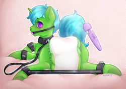 Size: 3508x2480 | Tagged: suggestive, artist:kirari_chan, derpibooru import, oc, oc:green byte, unofficial characters only, pony, unicorn, advertisement, ballgag, bed, choker, collar, commission, commission info, commissions open, diaper, diaper fetish, fetish, finished commission, gag, harness, harness balgag, harness gag, horn, image, leash, lying, magic wand, male, on bed, png, rear view, sex toy, simple background, solo, solo male, spread legs, spreader bar, spreading, sultry pose, tack, unicorn oc, urine, vibrator, watersports