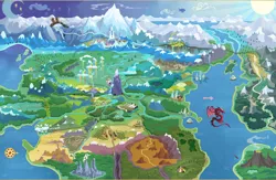 Size: 4661x3040 | Tagged: safe, derpibooru import, edit, official, dragon, arrow, badlands, boat, canterlot, canterlot castle, cloudsdale, compass, crystal empire, griffonstone, high res, image, manehattan, map of equestria, moon, mount everhoof, mountain, ocean, our town, png, ponyville, railroad, rainbow, river, sun, textless, textless version, twilight's castle, volcano, water, waterfall, yakyakistan