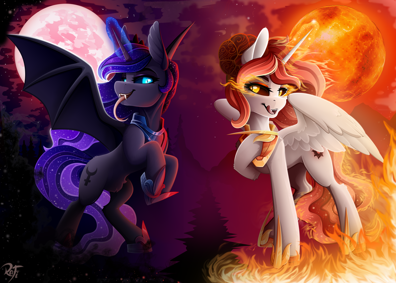 Size: 2800x2000 | Tagged: safe, artist:rainbowfire, derpibooru import, daybreaker, nightmare moon, princess luna, alicorn, pony, the beginning of the end, angry look, armor, brony, confrontation, darkness, duo, evil, evil grin, female, fire, grin, horn, image, jewelry, language, looking at you, magic, mare, moon, night, nightmare moon armor, nightmare night, open mouth, png, raised hoof, siblings, sisters, smiling, spread wings, sun, war, wings