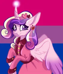 Size: 1305x1536 | Tagged: safe, artist:carouselunique, derpibooru import, princess cadance, alicorn, pony, alternate hairstyle, bipedal, bisexual pride flag, clothes, curved horn, cute, cutedance, dress, ear piercing, earring, female, glow, glowing horn, horn, image, jewelry, jpeg, mare, mouthpiece, piercing, politics, pride, pride flag, pride month, solo