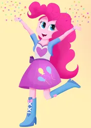 Size: 2480x3508 | Tagged: safe, artist:samenandsam, derpibooru import, pinkie pie, human, equestria girls, boots, clothes, confetti, equestria girls 10th anniversary, female, high res, image, open mouth, png, raised arms, shirt, shoes, simple background, skirt, smiling, solo, standing, standing on one leg, wristband