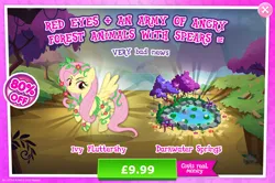 Size: 1960x1301 | Tagged: safe, derpibooru import, idw, official, fluttershy, pegasus, pony, advertisement, costs real money, english, female, flower, gameloft, idw showified, image, jpeg, lilypad, mare, mobile game, my little pony: magic princess, numbers, poison ivyshy, pond, sale, solo, solo focus, spread wings, text, tree, vine, water, wings