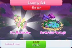 Size: 1271x860 | Tagged: safe, derpibooru import, idw, official, fluttershy, pegasus, pony, bundle, costs real money, english, female, flower, gameloft, idw showified, image, jpeg, lilypad, mare, mobile game, my little pony: magic princess, numbers, poison ivyshy, pond, sale, solo, solo focus, spread wings, text, tree, vine, water, wings