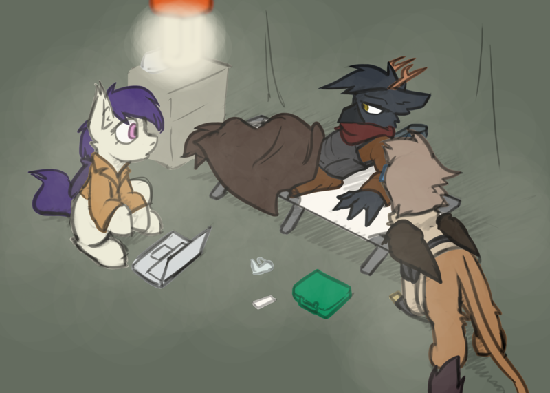 Size: 3500x2500 | Tagged: safe, artist:captainhoers, artist:stormwing, derpibooru import, oc, oc:gordon, oc:gráinne ní bhroin, oc:purple haze, bat pony, gryphon, amputee, antlers, artificial wings, augmented, bed, blanket, body armor, clothes, coat, computer, deergriff, image, jacket, laptop computer, longcoat, nighthaze, png, prosthetic limb, prosthetic wing, prosthetics, scarf, stretcher, tent, wings