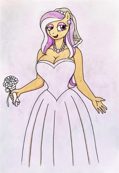 Size: 2415x3500 | Tagged: safe, artist:killerteddybear94, derpibooru import, oc, oc:vanilla pearl, anthro, big breasts, bouquet, breasts, bride, clothes, dress, ear piercing, earring, flower, image, jewelry, jpeg, lidded eyes, looking at you, necklace, pearl necklace, piercing, smiling, traditional art, wedding dress, wedding veil