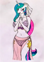 Size: 2448x3500 | Tagged: safe, artist:killerteddybear94, derpibooru import, princess celestia, anthro, adorasexy, beautiful, beautisexy, belly button, big breasts, bikini, blushing, breast squish, breasts, busty princess celestia, clothes, crying, cute, cutelestia, female, floppy ears, hand on chest, huge breasts, image, jewelry, jpeg, legs together, looking at you, marriage, purple bikini, ring, sarong, sexy, smiling, solo, swimsuit, tears of joy, traditional art, wedding, wedding ring, wedding veil, wide hips