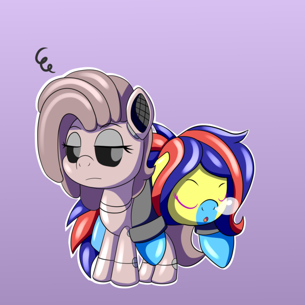 Size: 5000x5000 | Tagged: safe, artist:trackheadtherobopony, derpibooru import, oc, oc:f-8, oc:z-1, pony, robot, robot pony, annoyed, chibi, image, png, sleeping, snot bubble