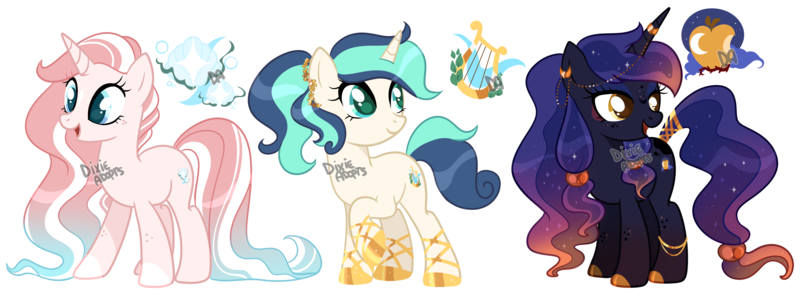 Size: 4840x1836 | Tagged: safe, artist:dixieadopts, derpibooru import, oc, oc:aqua marine, oc:golden apple, oc:romantic serenade, unofficial characters only, pony, unicorn, female, image, magical lesbian spawn, mare, offspring, parent:applejack, parent:bon bon, parent:fleur-de-lis, parent:lyra heartstrings, parent:princess luna, parent:trixie, parents:lunajack, parents:lyrabon, png, simple background, transparent background